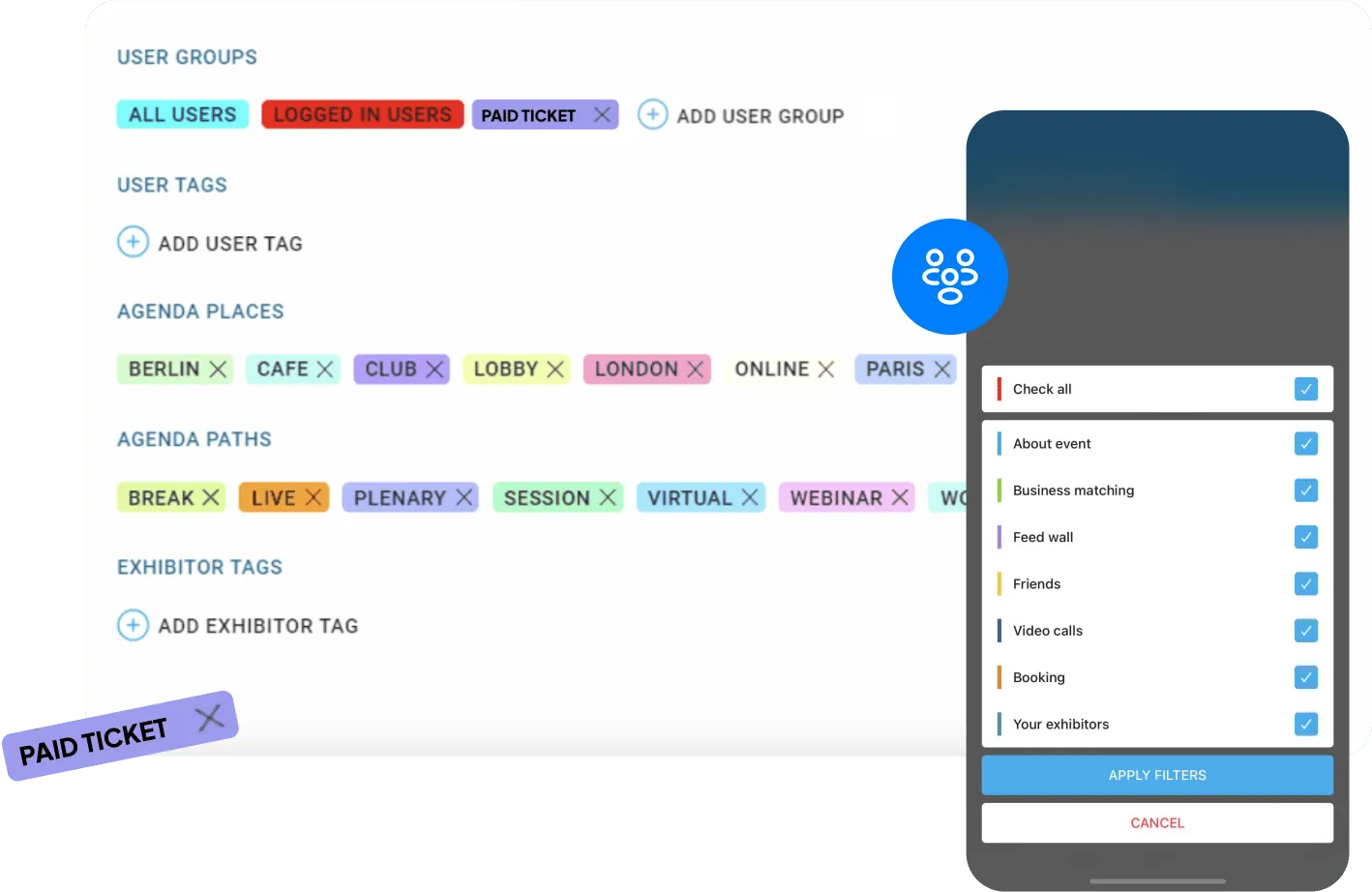 Group management interface, tags and agenda locations on a white background and a filter panel on a smartphone with marked filter options and apply filters and cancel buttons.