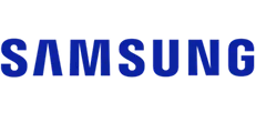 Samsung company logo in blue on a white background.