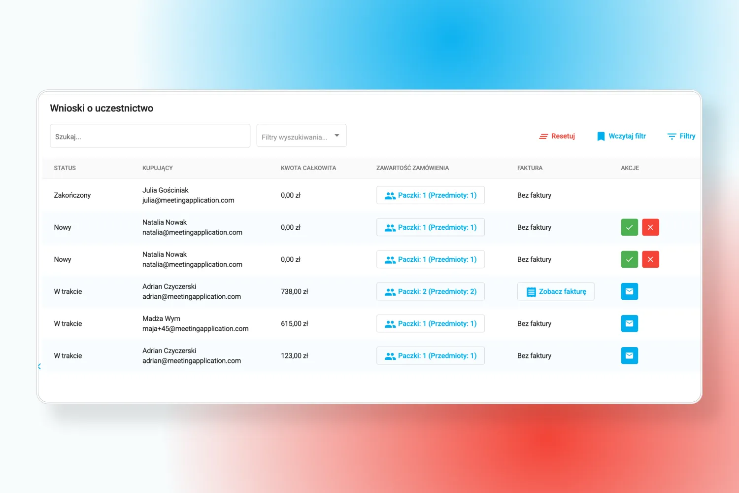 Participation applications table with columns: Status, Buyer, Total Amount, Order Content, Invoice, Actions, with various data and action buttons.