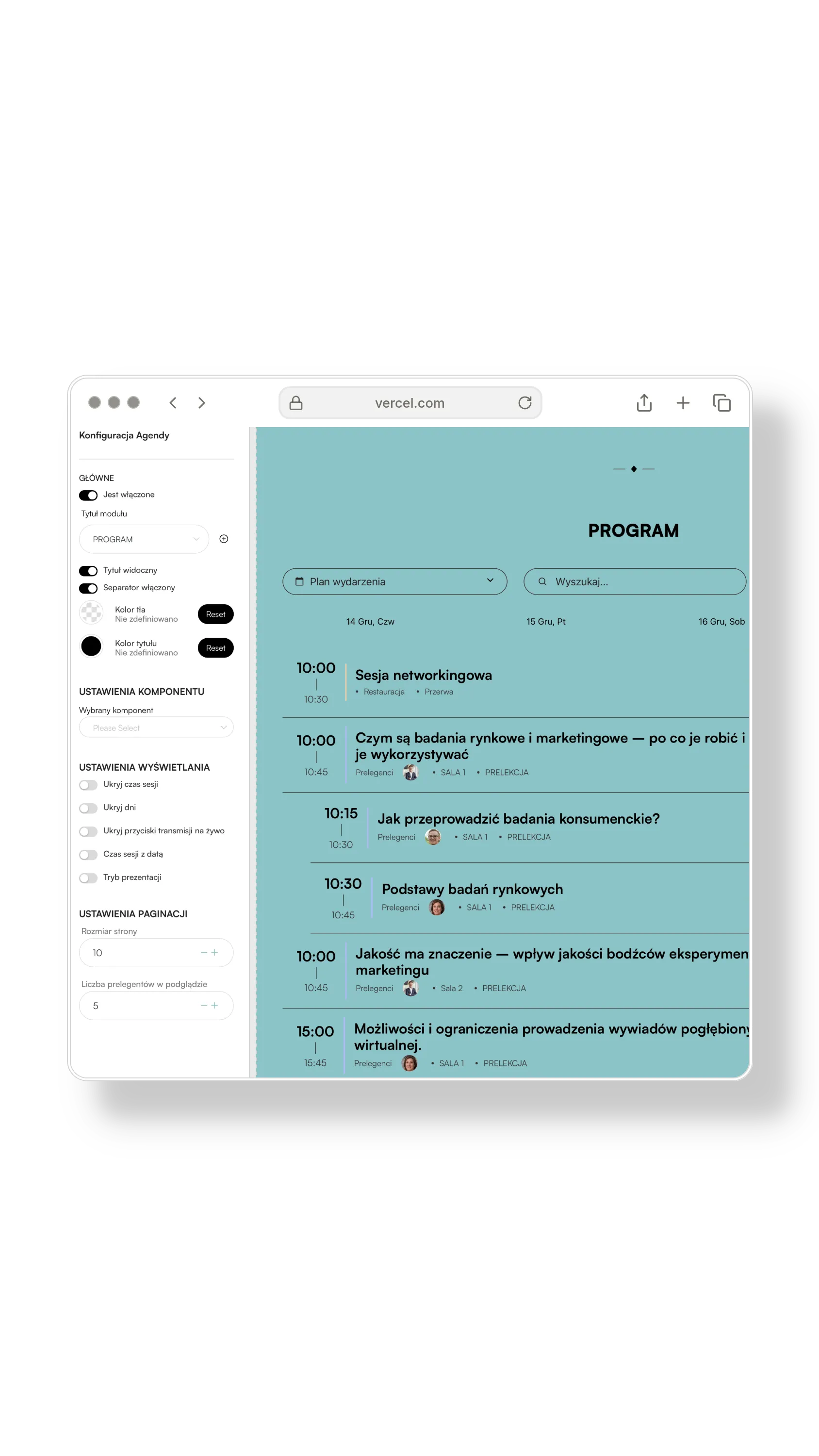 Event agenda configuration screen with a networking session and marketing presentations plan.