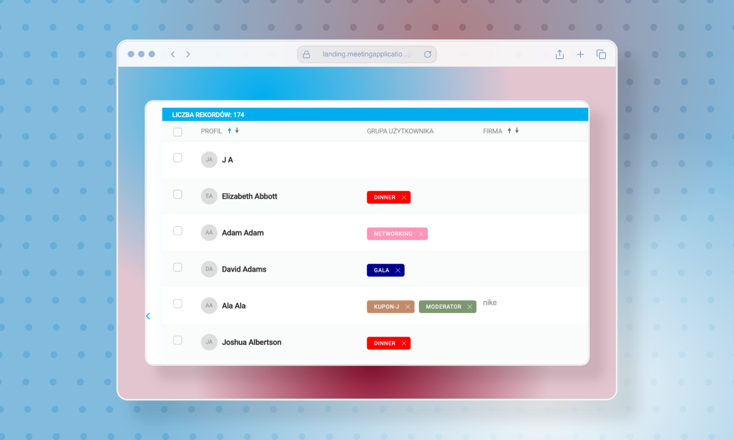 User list with names and groups: ME, Elizabeth Abbott (dinner), Adam Adam (networking), David Adams (gala), Ala Ala (coupon-J, moderator, nike), Joshua Albertson (dinner).