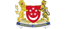 Singapore Coat of Arms with a lion and a tiger supporting a red shield containing a crescent moon and five stars, and a blue ribbon with the inscription Majulah Singapura.