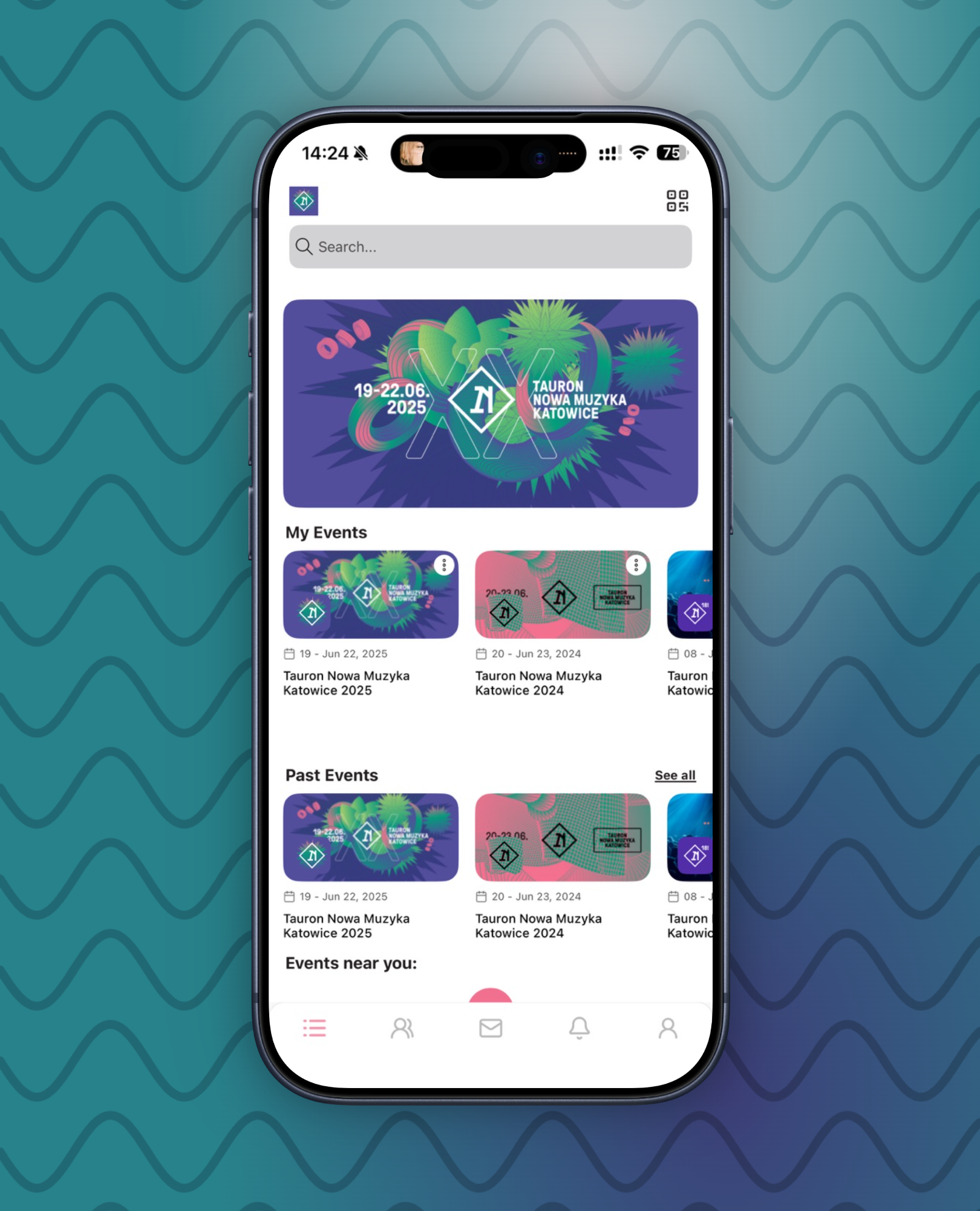 Mobile app screen displaying Tauron Nowa Muzyka Katowice events with dates for 2025 and 2024.