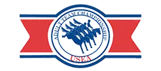 Logo of United States Equestrian Federation with three riders on horses in a circle and a red ribbon in the background.