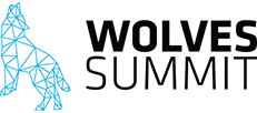 Blue wolf symbol and Wolves Summit inscription.