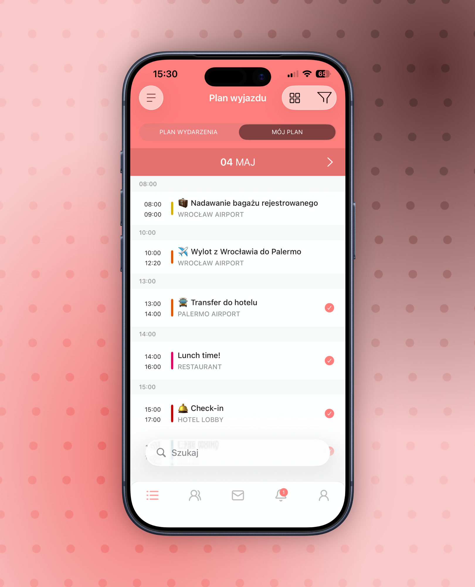 Smartphone with a trip plan app for May 4th showing upcoming events: baggage drop-off at Wrocław airport, flight to Palermo, hotel transfer, lunch, and hotel check-in.