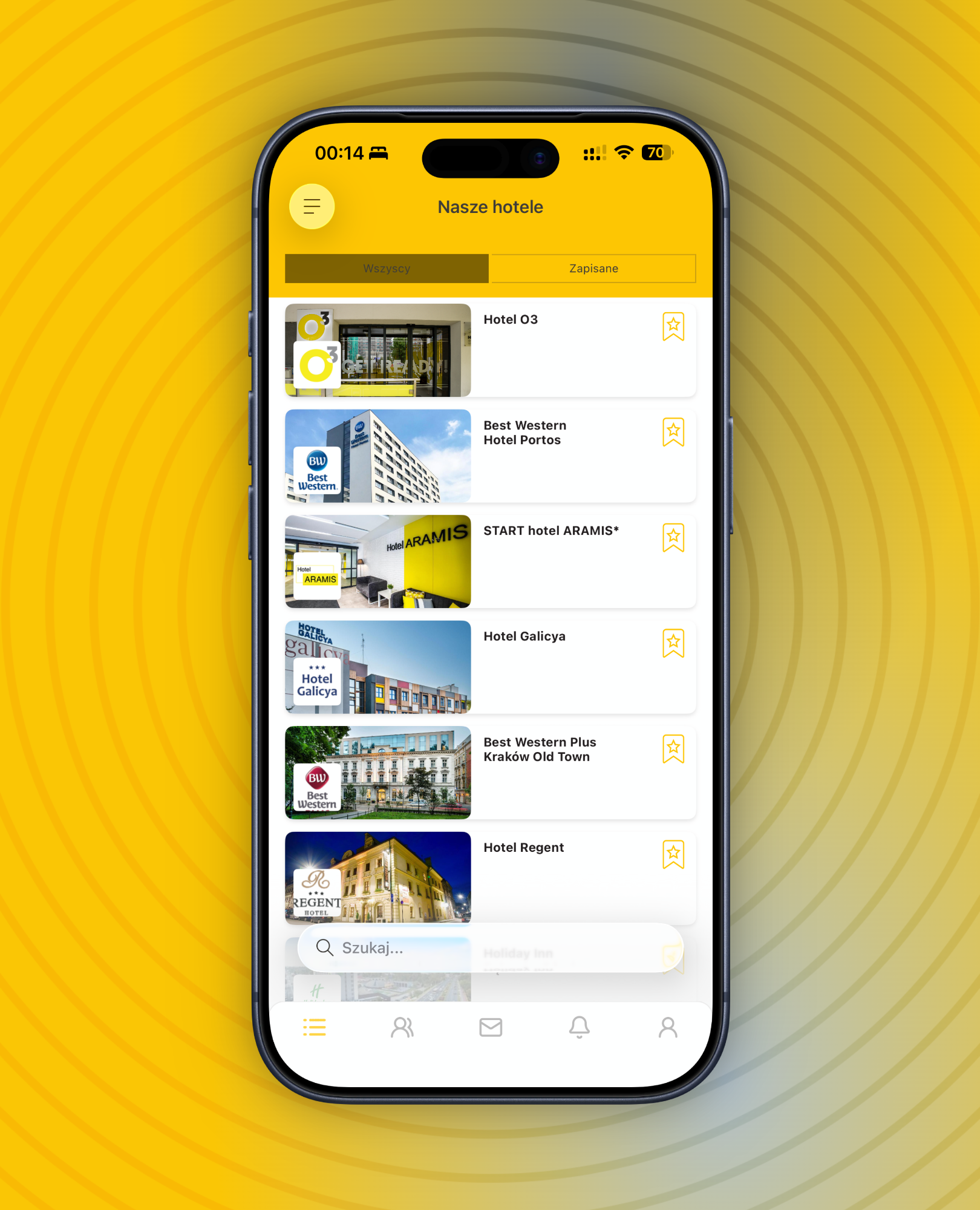Smartphone showing a list of hotels with names and photos, including Hotel O3, Best Western Hotel Portos, START hotel ARAMIS, Hotel Galicya, Best Western Plus Kraków Old Town, and Hotel Regent.